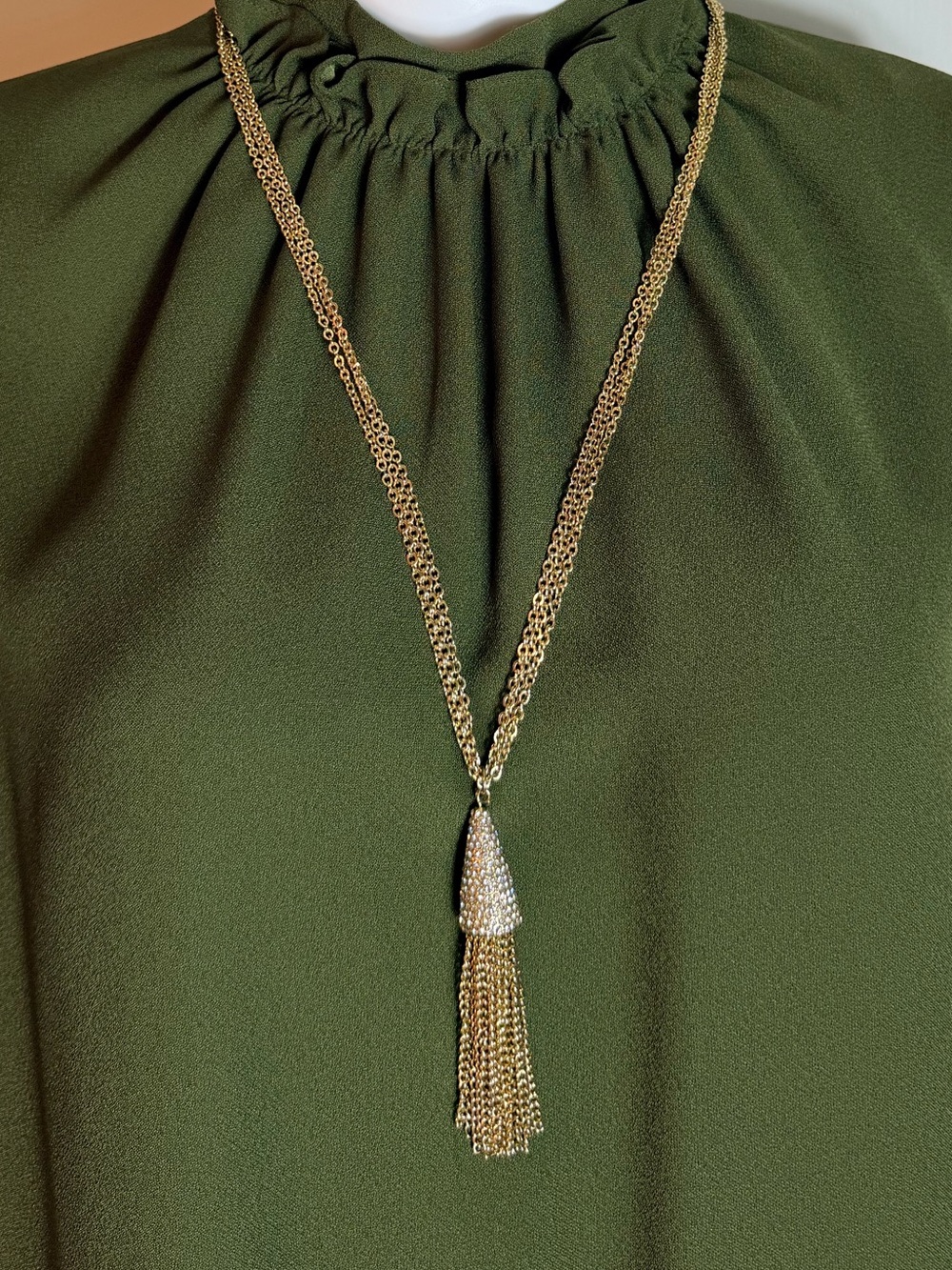 Gold Tone Multi-Chain Rhinestone Tassel Pendant Necklace